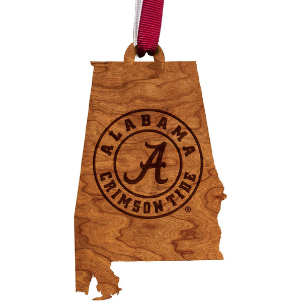 Alabama Crimson Tide Ornament - Crafted from Cherry or Maple Wood - Multiple Designs Available Ornament LazerEdge Crimson Tide Seal on State Cherry 