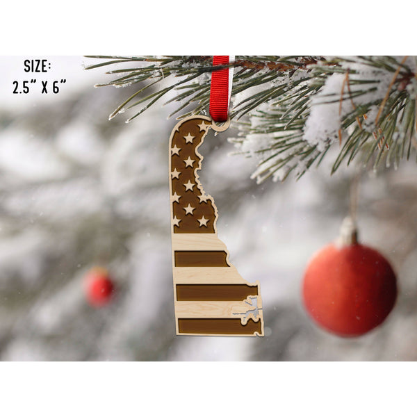 American Flag State Outline Ornament ( Available In All 50 States) Ornament Shop LazerEdge DE - Delaware Maple 
