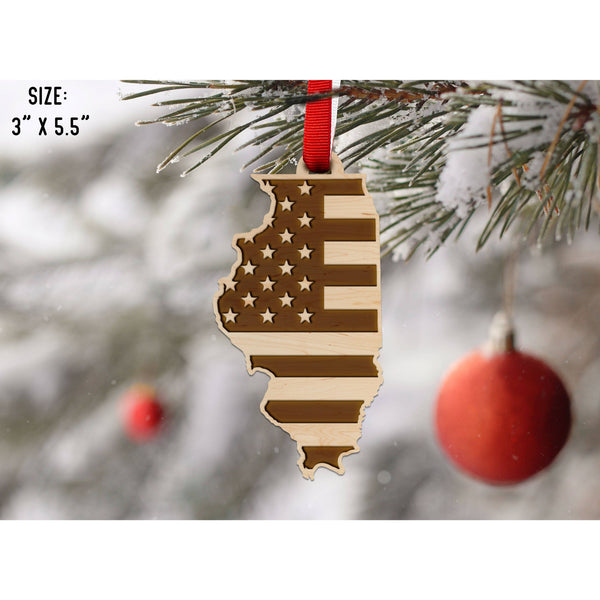 American Flag State Outline Ornament ( Available In All 50 States) Ornament Shop LazerEdge IL - Illinois Maple 
