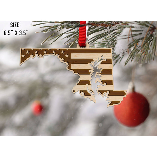 American Flag State Outline Ornament ( Available In All 50 States) Ornament Shop LazerEdge MD - Maryland Maple 