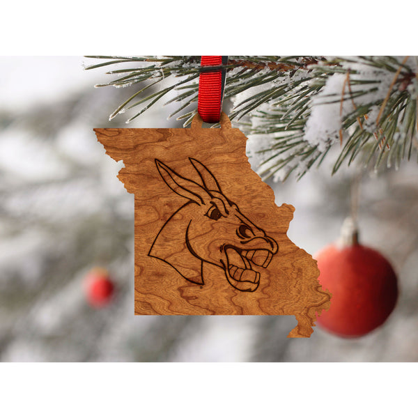 Central Missouri Mules Ornament – Crafted from Cherry and Maple Wood – Click to see Multiple Designs Available – The University of Central Missouri Ornament Shop LazerEdge 