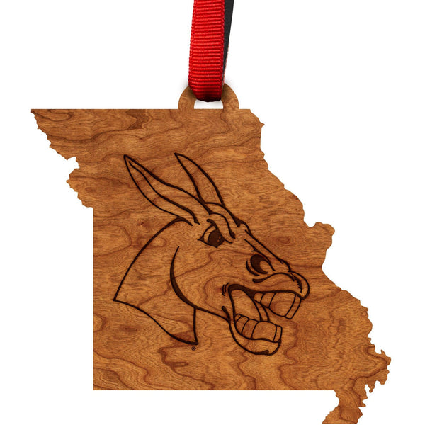 Central Missouri Mules Ornament – Crafted from Cherry and Maple Wood – Click to see Multiple Designs Available – The University of Central Missouri Ornament Shop LazerEdge Cherry Logo on State 