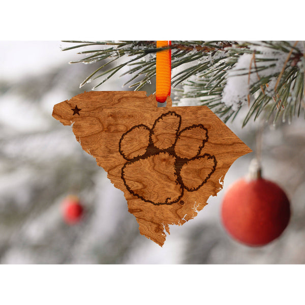 Clemson - Ornament - State Map with Tiger Paw Wireframe Ornament LazerEdge 