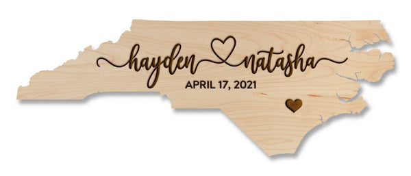 Custom North Carolina Wedding Magnet - State Shape with Custom Names connected by Heart and Date Magnet LazerEdge Maple 