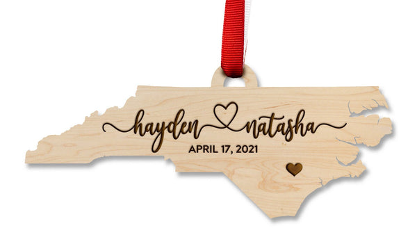 Custom North Carolina Wedding Ornament - State Shape with Custom Names and Date Ornament LazerEdge Maple 