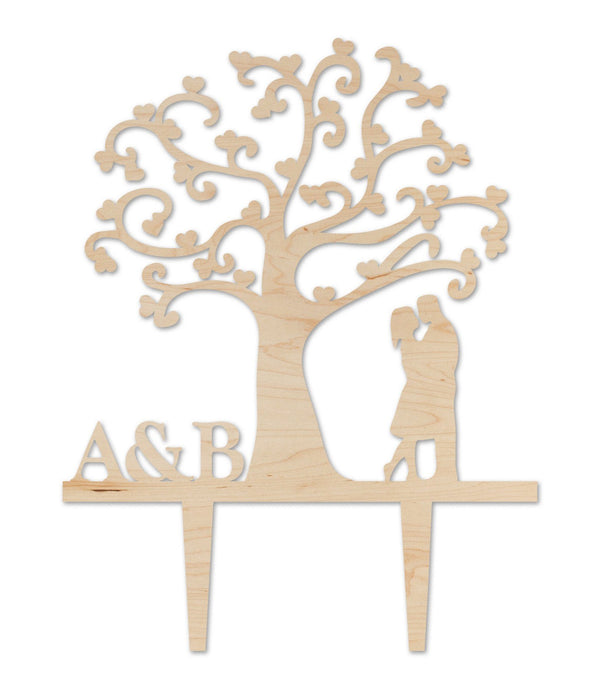 Custom Wedding Cake Topper - Tree and Couple with Custom Initials Cake Topper Shop LazerEdge Maple 