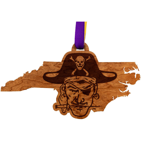 ECU Pirates Ornament – Crafted from Cherry and Maple Wood – Click to see Multiple Designs Available – East Carolina University (ECU) Ornament LazerEdge Cherry Pirate on State 