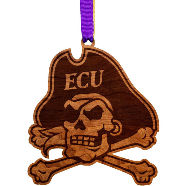 ECU Pirates Ornament – Crafted from Cherry and Maple Wood – Click to see Multiple Designs Available – East Carolina University (ECU) Ornament LazerEdge Cherry Skull and Bones 