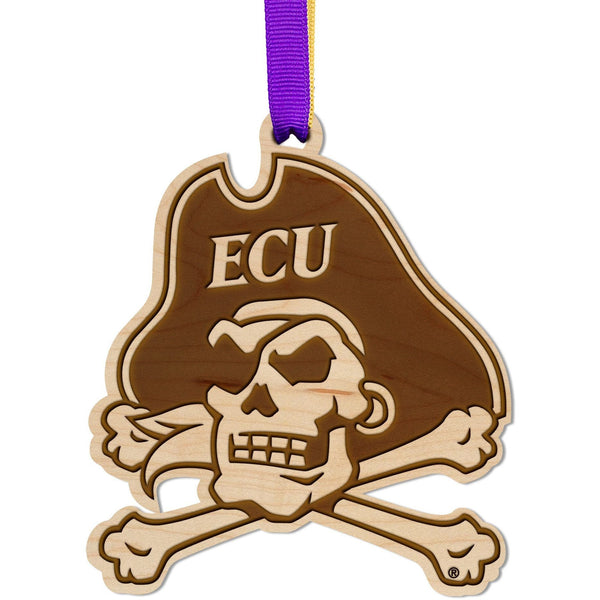 ECU Pirates Ornament – Crafted from Cherry and Maple Wood – Click to see Multiple Designs Available – East Carolina University (ECU) Ornament LazerEdge Maple Skull and Bones 
