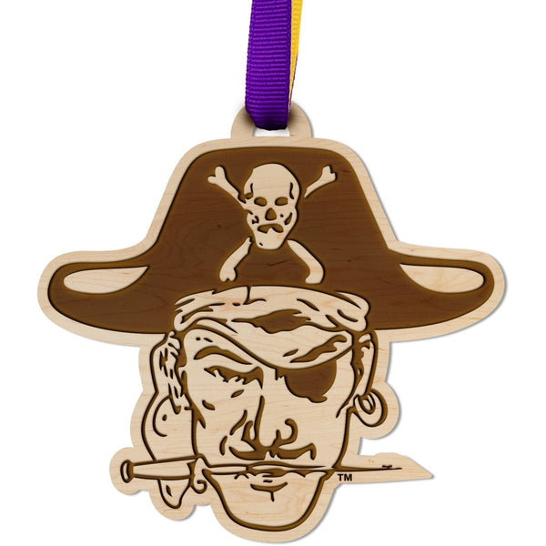 ECU Pirates Ornament – Crafted from Cherry and Maple Wood – Click to see Multiple Designs Available – East Carolina University (ECU) Ornament LazerEdge Maple Vault Pirate 