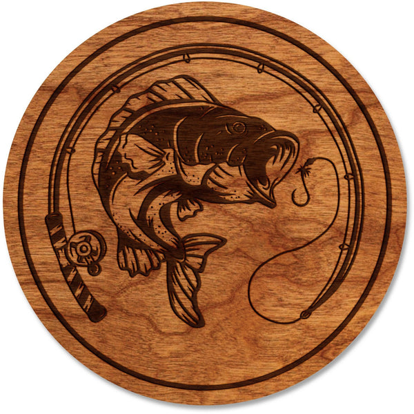 Fresh Water Fish Coaster - Crafted from Cherry or Maple Wood Coaster LazerEdge Cherry Bass Jumping 