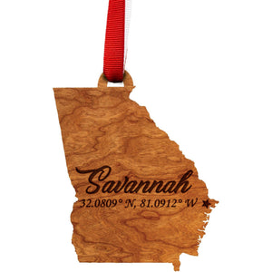 Ornament - State Map with "Savannah" and Coordinates - Cherry - Red and White Ribbon Ornament LazerEdge 
