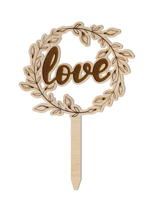 Wedding Cake Topper - Wreath with the word "Love" Cake Topper Shop LazerEdge Maple 
