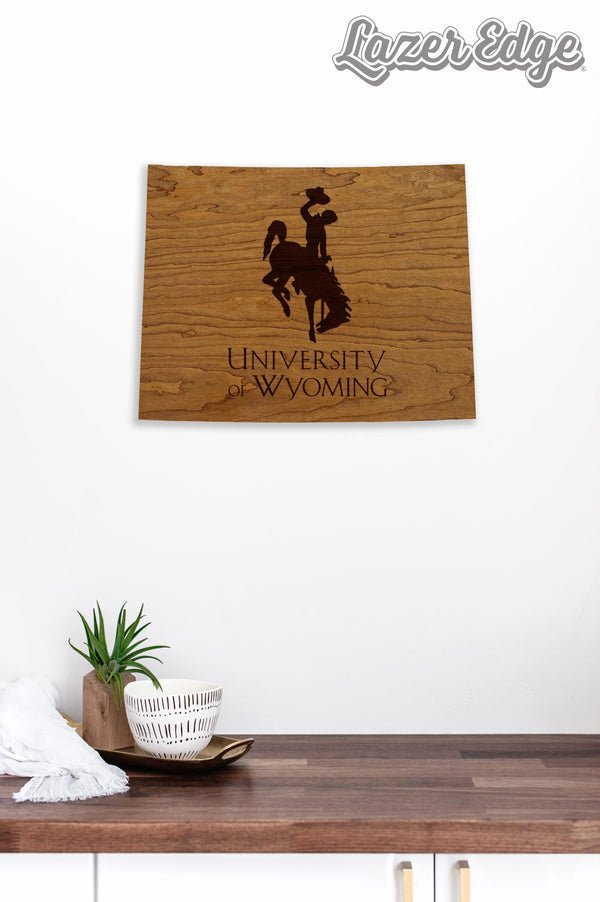 University of Wyoming Logo on State Wall Hanging - Crafted from Cherry and Maple Wood - Wyoming Cowboys