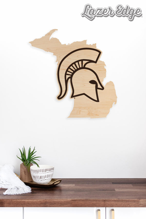 Michigan State University Spartan on State Wall Hanging - Crafted from Cherry or Maple Wood - Michigan State Spartans