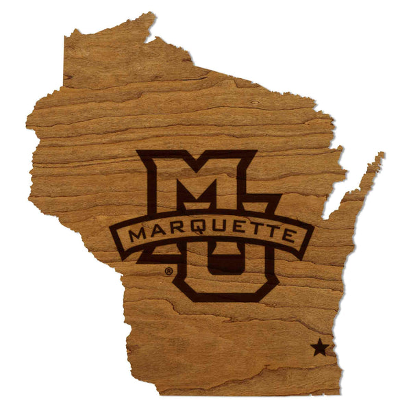 Marquette University Logo on State Wall Hanging - Crafted from Cherry or Maple Wood - Marquette Golden Eagles