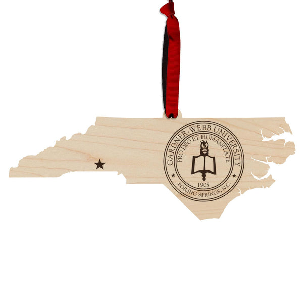 Gardner Webb University Seal on State Ornament – Crafted from Cherry Wood – Gardner Webb Bulldogs