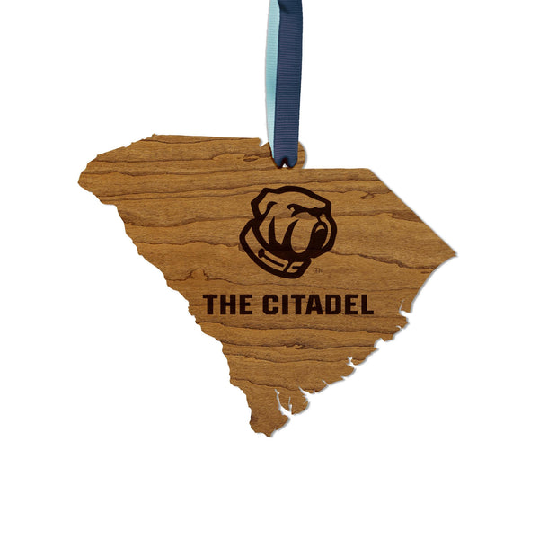 The Citadel Military College Bulldog on State Ornament – Crafted from Cherry and Maple Wood – The Citadel Bulldogs