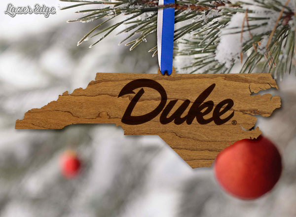 Duke Blue Devils Wordmark on State Ornament – Crafted from Cherry and Maple Wood – Duke University