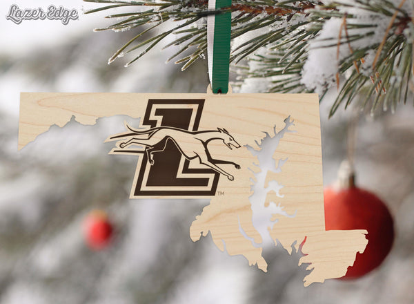 Loyola-Maryland Greyhounds on State Ornament – Crafted from Cherry or Maple Wood – Loyola Greyhounds