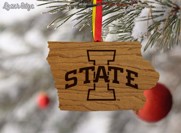 Iowa State University Logo on State Ornament – Crafted from Cherry and Maple Wood – Iowa State University