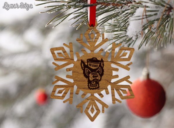 NC State University Snowflake Ornament – Crafted from Cherry or Maple Wood – North Carolina State Wolfpack
