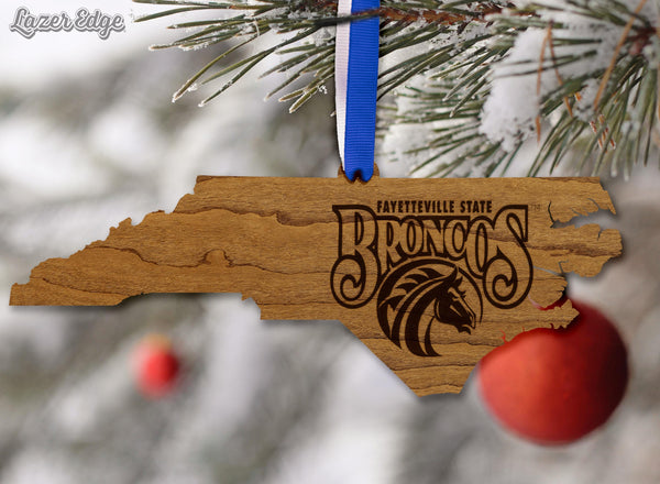 Fayetteville State University Broncos on State Ornament – Crafted from Cherry and Maple Wood – Fayetteville State Broncos