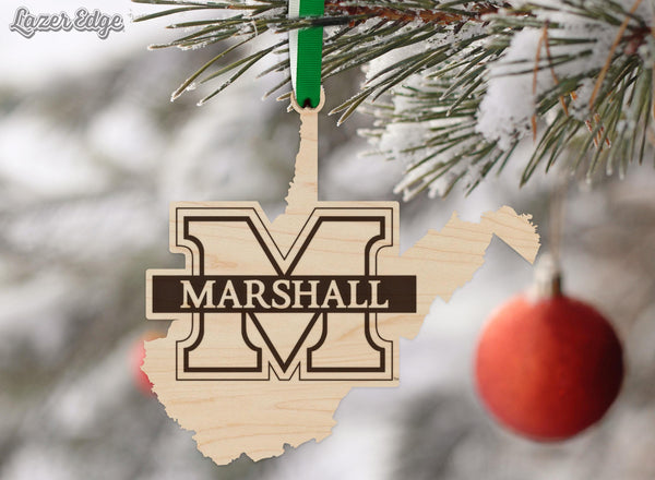 Marshall University Logo on State Ornament – Crafted from Cherry and Maple Wood – Marshall Bison