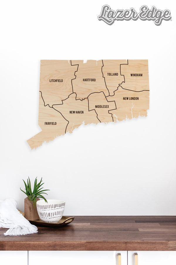 Connecticut County Map Wall Hanging - Crafted from Cherry or Maple Wood
