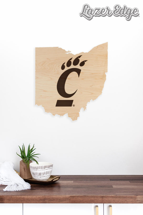 University of Cincinnati Bearcat on State Wall Hanging - Crafted from Cherry and Maple Wood - Cincinnati Bearcats