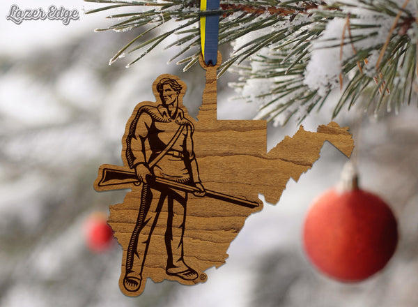 West Virginia University Mountaineer on State Ornament – Crafted from Cherry and Maple Wood – West Virginia Mountaineers