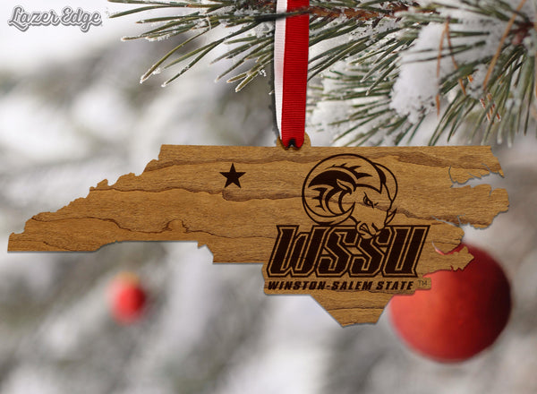 Winston Salem State University Rams on State Ornament – Crafted from Cherry or Maple Wood – Winston Salem State University Rams