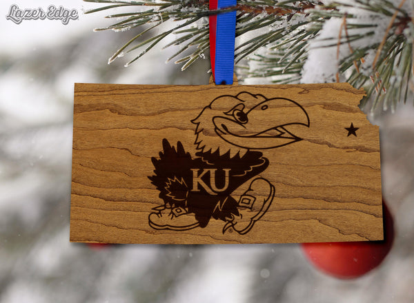 Kansas University Jayhawks on State Ornament – Crafted from Cherry and Maple Wood – Kansas Jayhawks