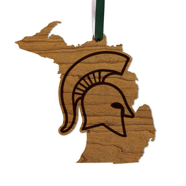 Michigan State University Spartans on State Ornament – Crafted from Cherry and Maple Wood – Michigan State Spartans