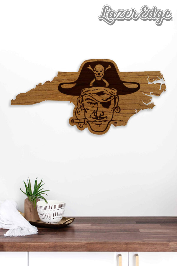 East Carolina University Pirate Head on State Wall Hanging - Crafted from Cherry or Maple Wood - ECU Pirates