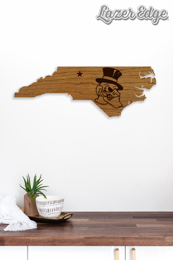 Wake Forest University Demon Deacon Logo on State Wall Hanging - Crafted from Cherry and Maple Wood - Wake Forest Demon Deacons