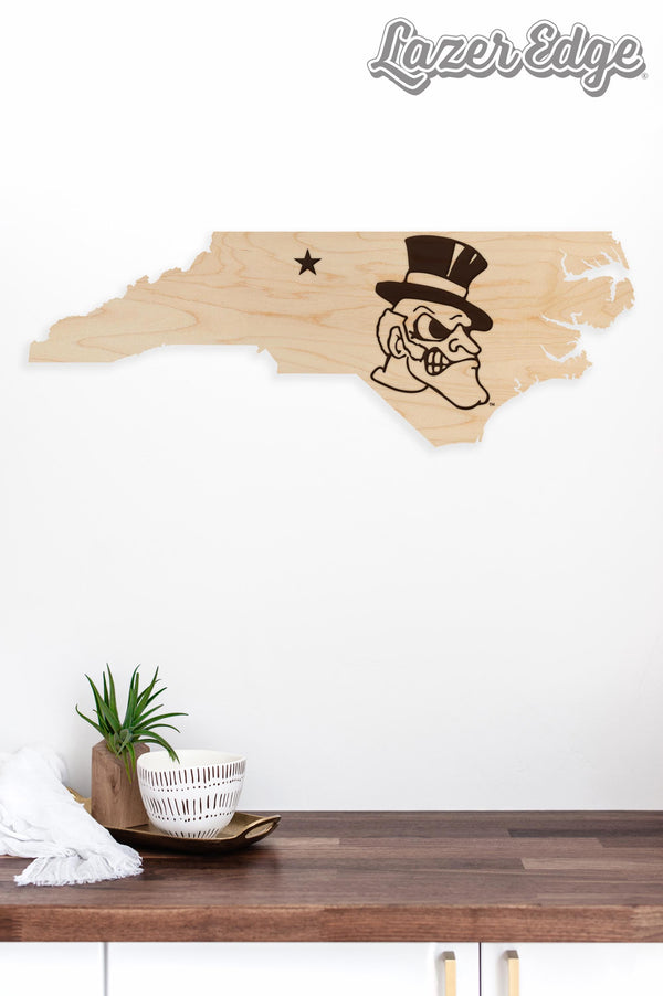 Wake Forest University Demon Deacon Logo on State Wall Hanging - Crafted from Cherry and Maple Wood - Wake Forest Demon Deacons