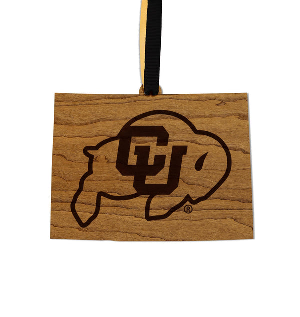 University of Colorado Buffaloes on State Ornament – Crafted from Cherry and Maple Wood – Colorado Buffaloes