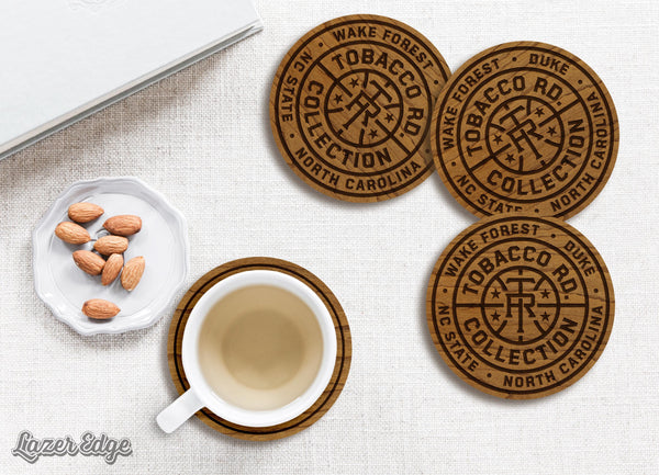 Tobacco Road Logo Wooden Coasters With Coaster Holder– Crafted from Cherry or Maple Wood