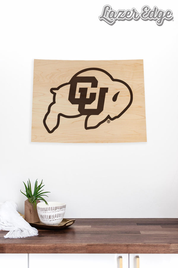 University of Colorado Buffaloes on State Wall Hanging - Crafted from Cherry and Maple Wood - Colorado Buffaloes