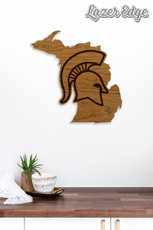 Michigan State University Spartan on State Wall Hanging - Crafted from Cherry or Maple Wood - Michigan State Spartans