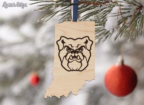 Butler University Bulldog on State Ornament – Crafted from Cherry and Maple Wood – Butler Bulldogs