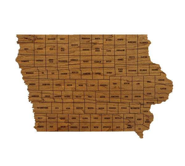 Iowa County Map Wall Hanging - Crafted from Cherry or Maple Wood
