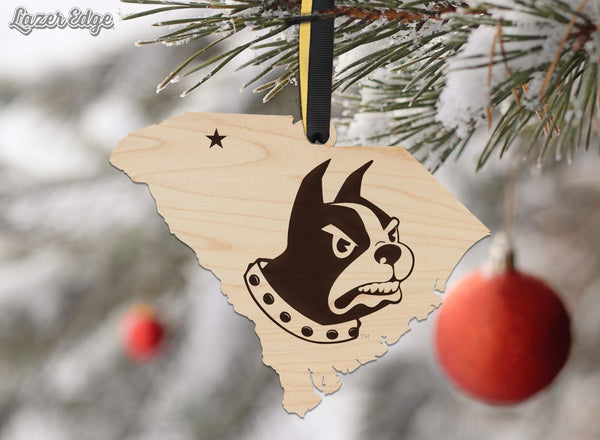 Wofford College Terriers on State Ornament – Crafted from Cherry and Maple Wood – Wofford Terriers