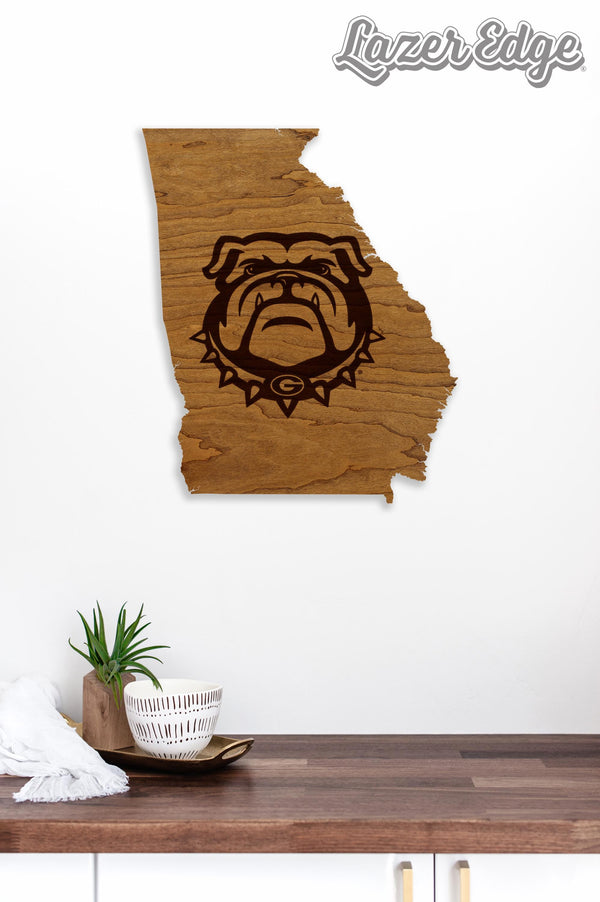 University of Georgia Bulldog on State Wall Hanging - Crafted from Cherry or Maple Wood - Georgia Bulldogs