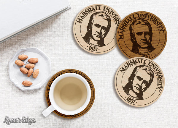 Marshall University Presidential Seal Coaster – Crafted from Cherry or Maple Wood – Marshall University Bison