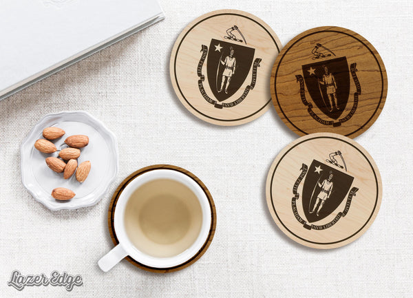 Massachusetts State Flag Coaster - Crafted from Cherry or Maple Wood