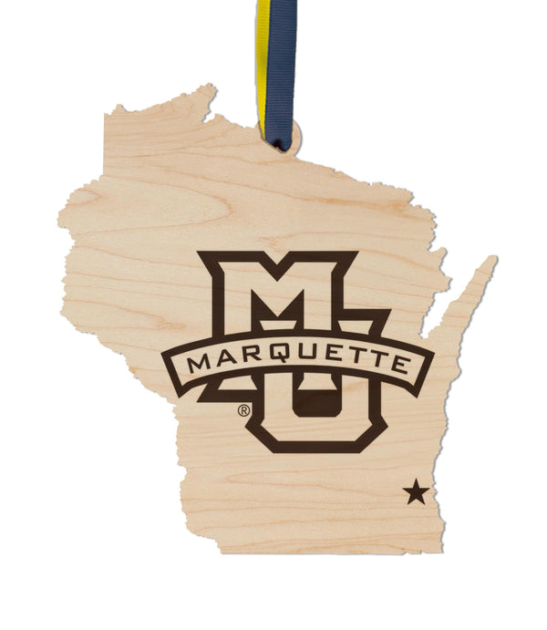 Marquette University Logo on State Ornament – Crafted from Cherry and Maple Wood – Marquette Golden Eagles