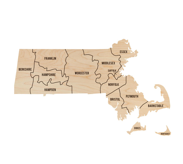 Massachusetts County Map Wall Hanging - Crafted from Cherry or Maple Wood