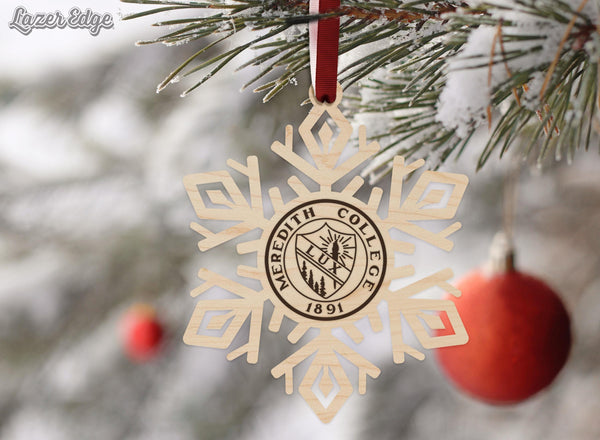 Meredith College Seal Snowflake Ornament – Crafted from Cherry and Maple Wood – Meredith College Avenging Angels